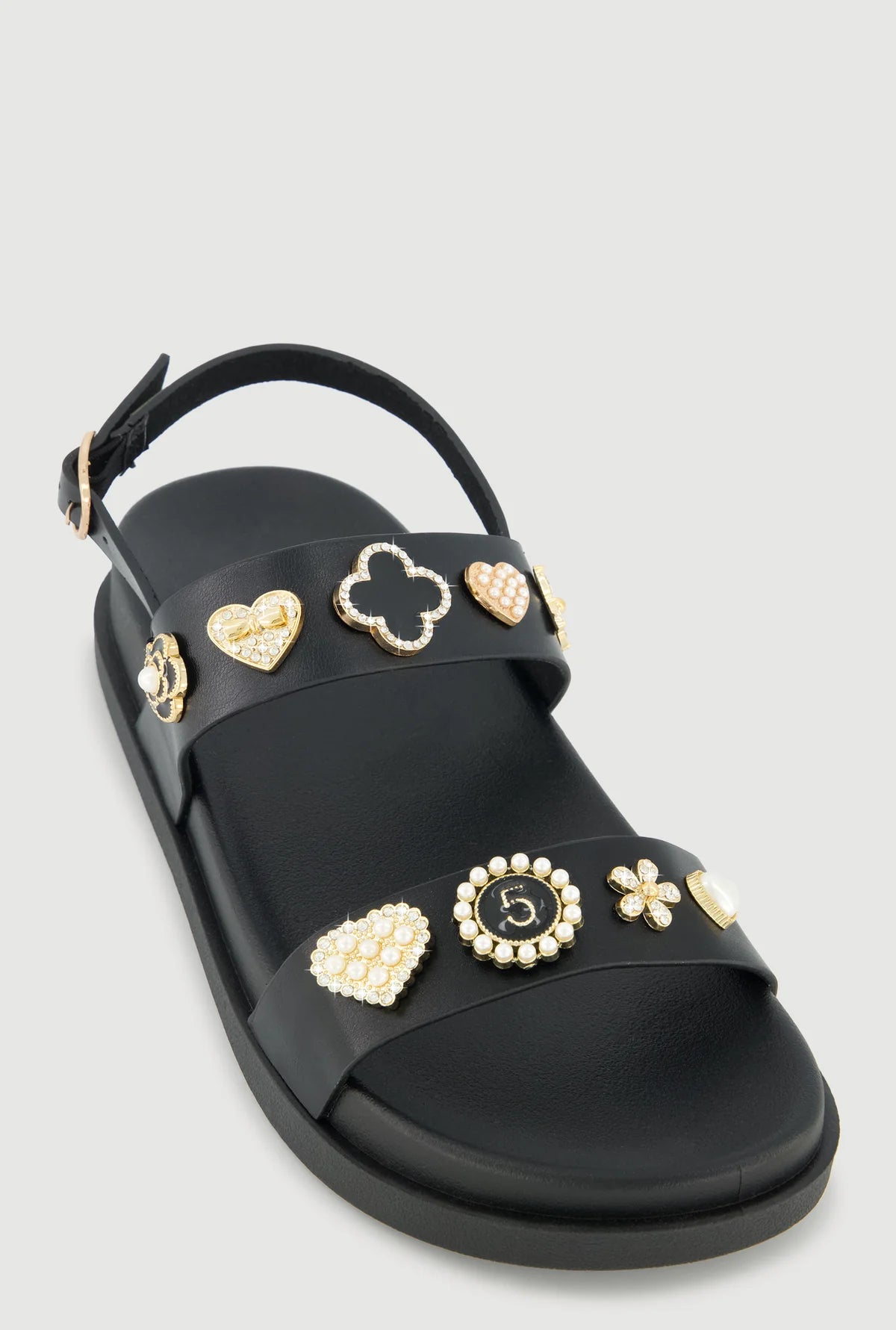 Metallic Faux Pearl Charmed Double Strap Footbed Sandals-Black