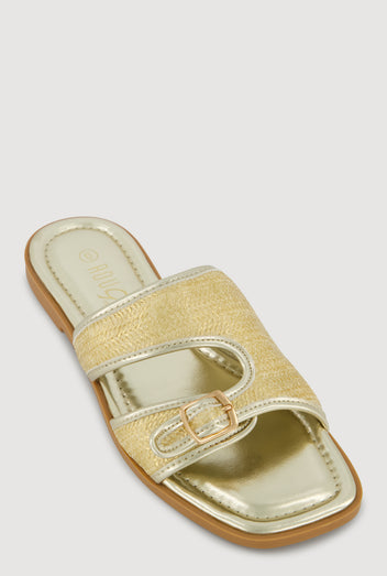 Rafia Gold Buckle Slippers