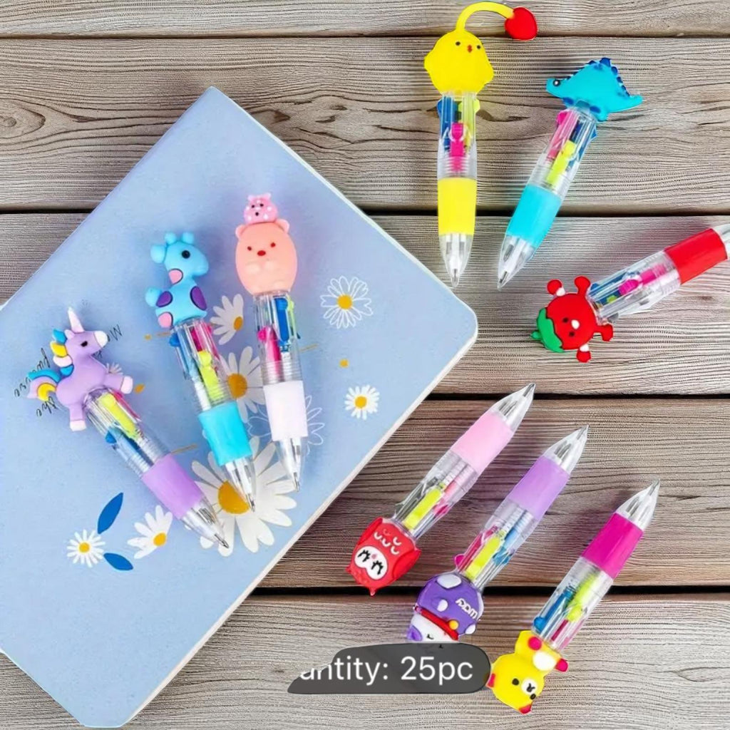 1 Colorful cartoon-themed 4 inked pens, red, yellow, green, blue, set