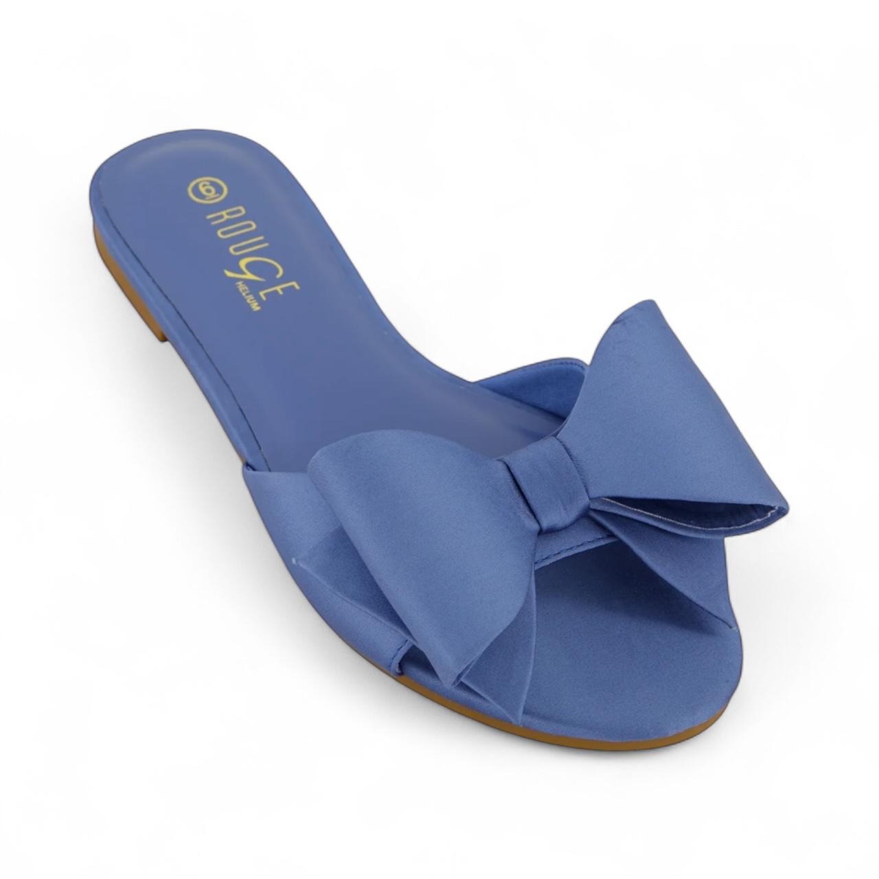 Blue bowed satin flat slip on sandals