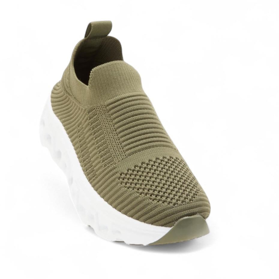 Olive green slip-on sneaker with white sole