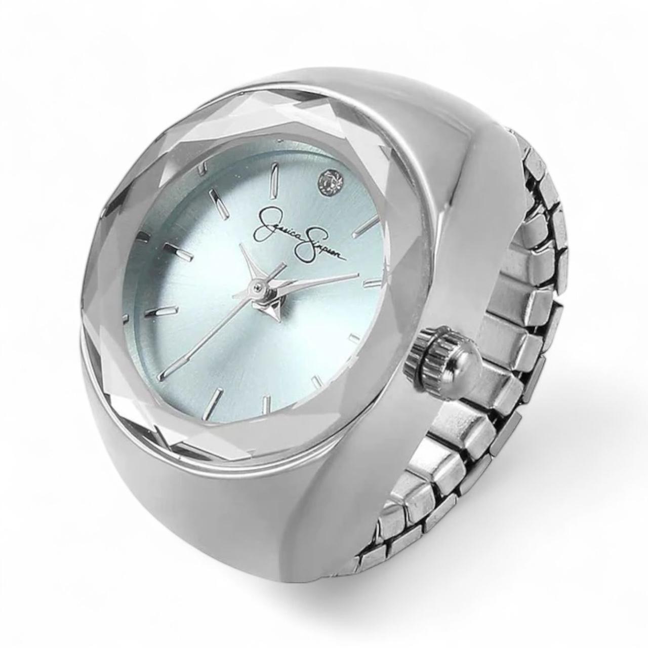 Jessica Simpson Silver watch ring with light blue face, expandable band, classy