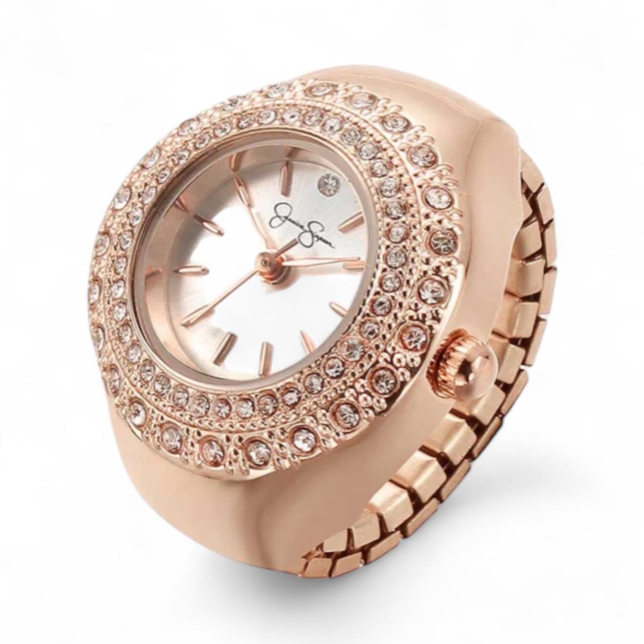 Jessica Simpson Rose gold watch ring with diamond-studded bezel