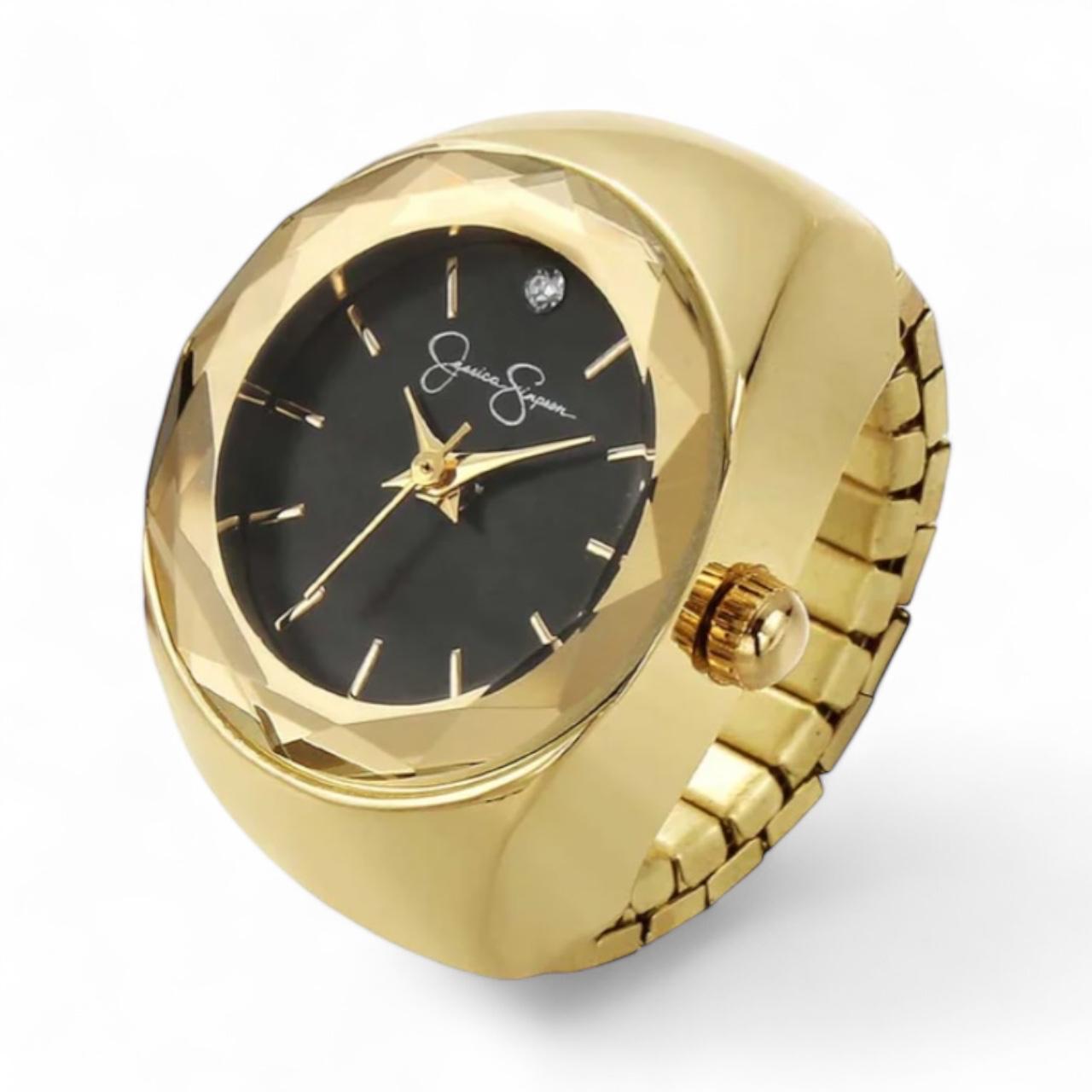 Jessica Simpson Gold watch ring with black face, expandable band, classy