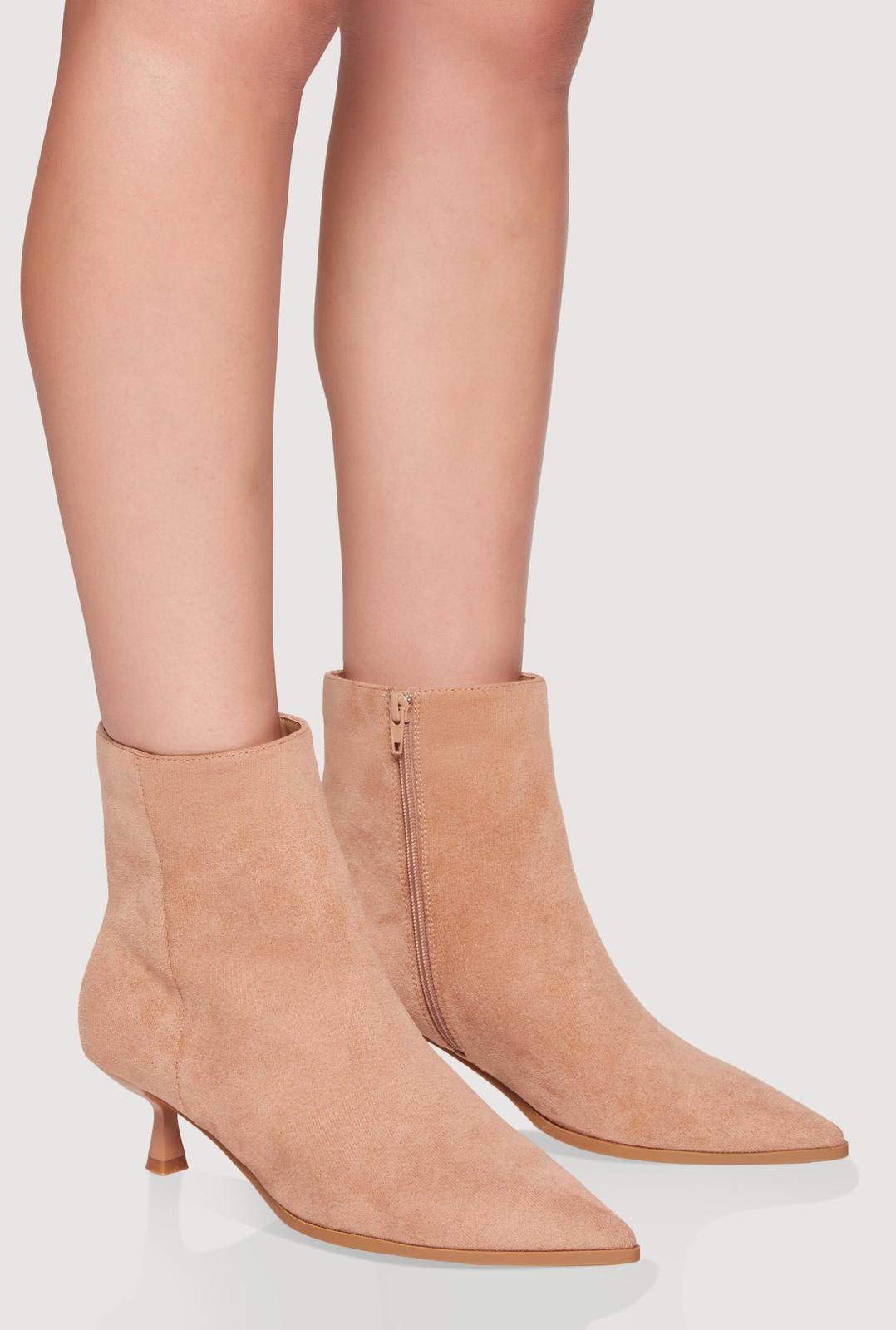 Tan suede ankle boots with thin heels