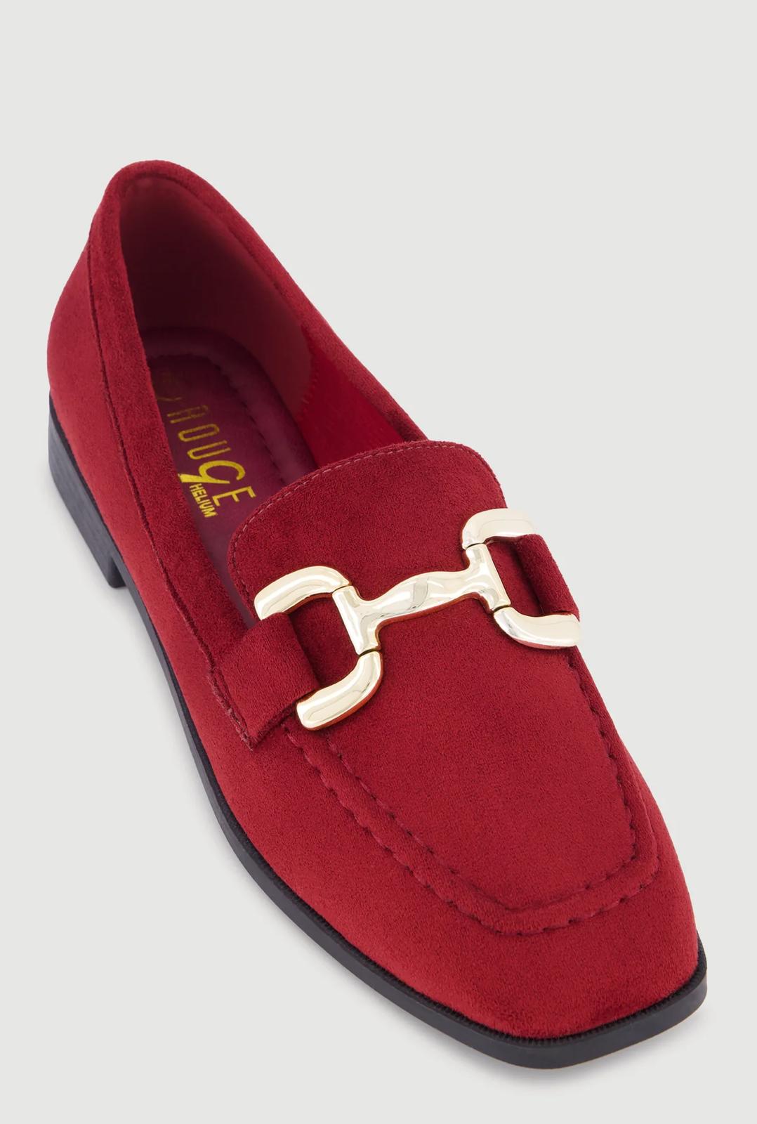 Metallic Horsebit Faux Suede square Toe Loafers-Burgundy suede