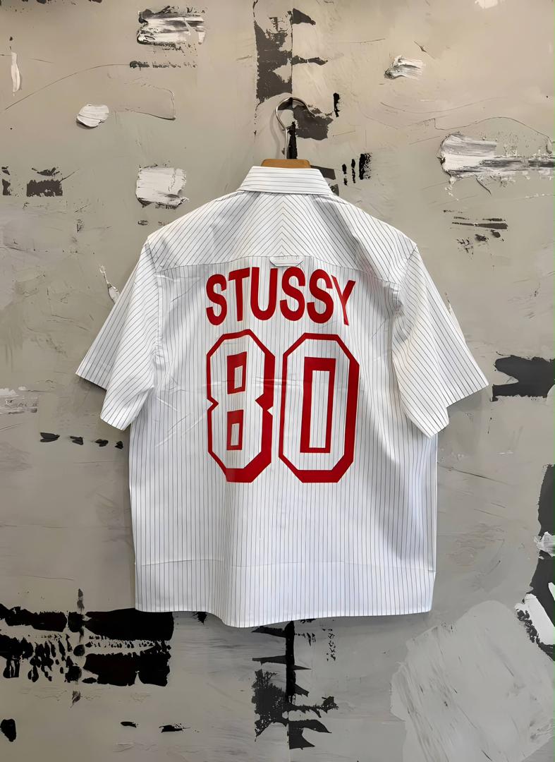 Stussy 80 Pinstripe Shirt - Navy back flat