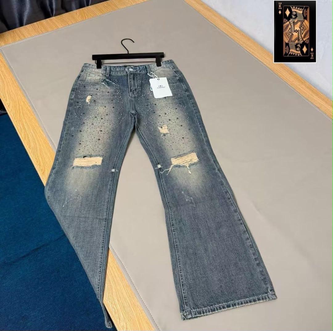 Black pearl-studded chain flare jeans - front and back view