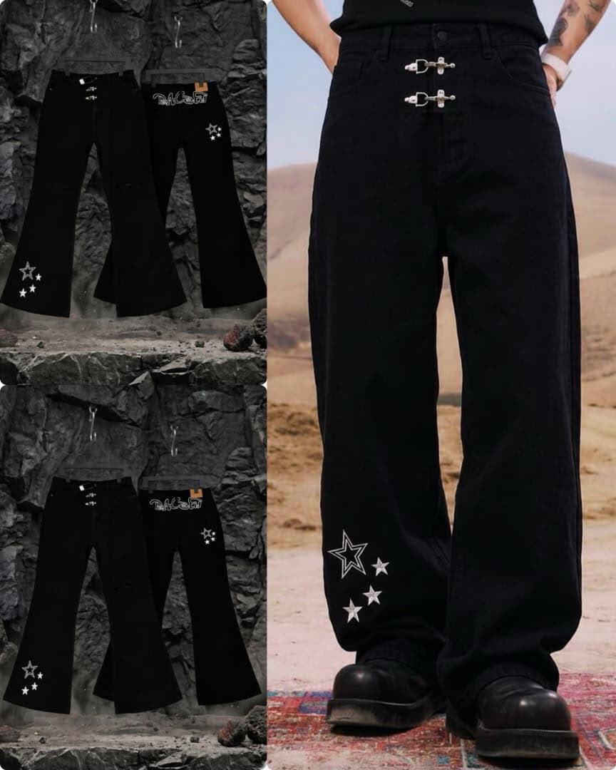 Camo buckle flare jeans - front view on hanger