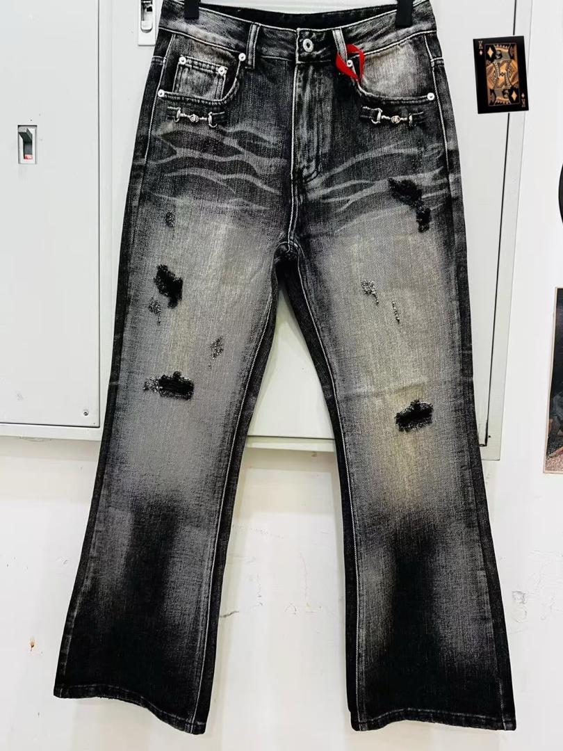 Dark grey distressed flare jeans - additional view