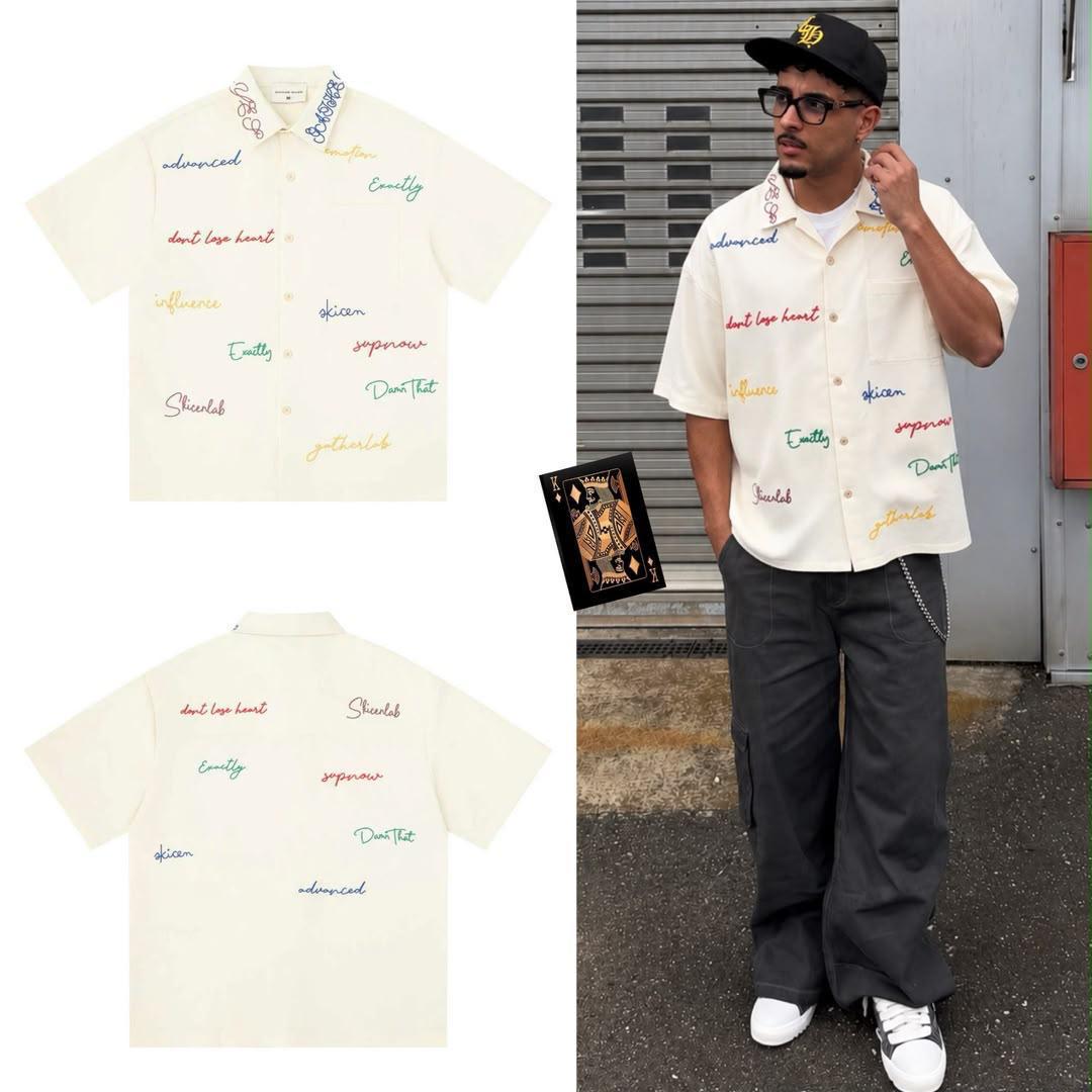Slicerlab script embroidered Cuban shirt - front, back and styled on model