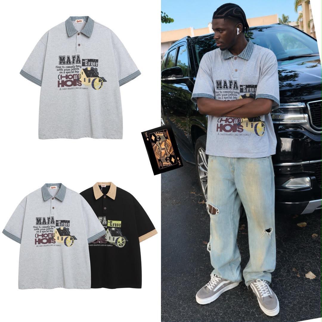 MAFA Homies graphic polo - grey and black colourways, flat lay and styled on model