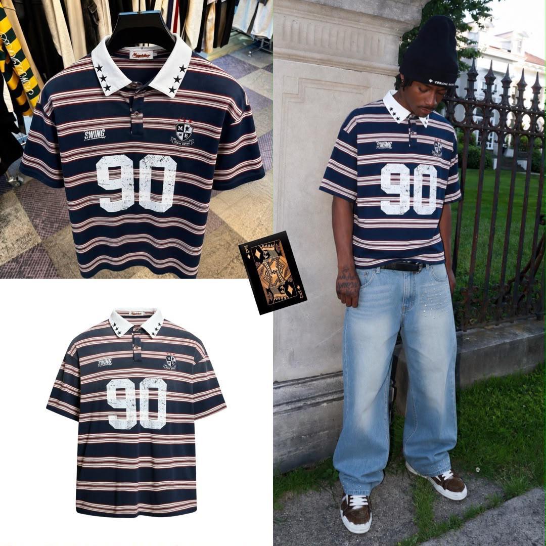 Swing 90 striped rugby polo - product and styled on model