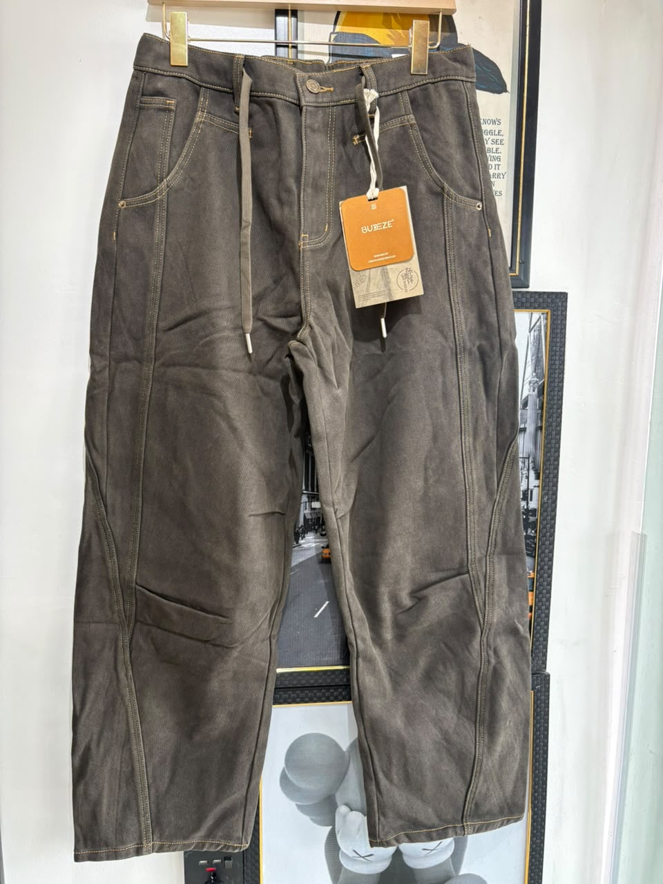 BUBEZE olive washed wide-leg jeans - front view