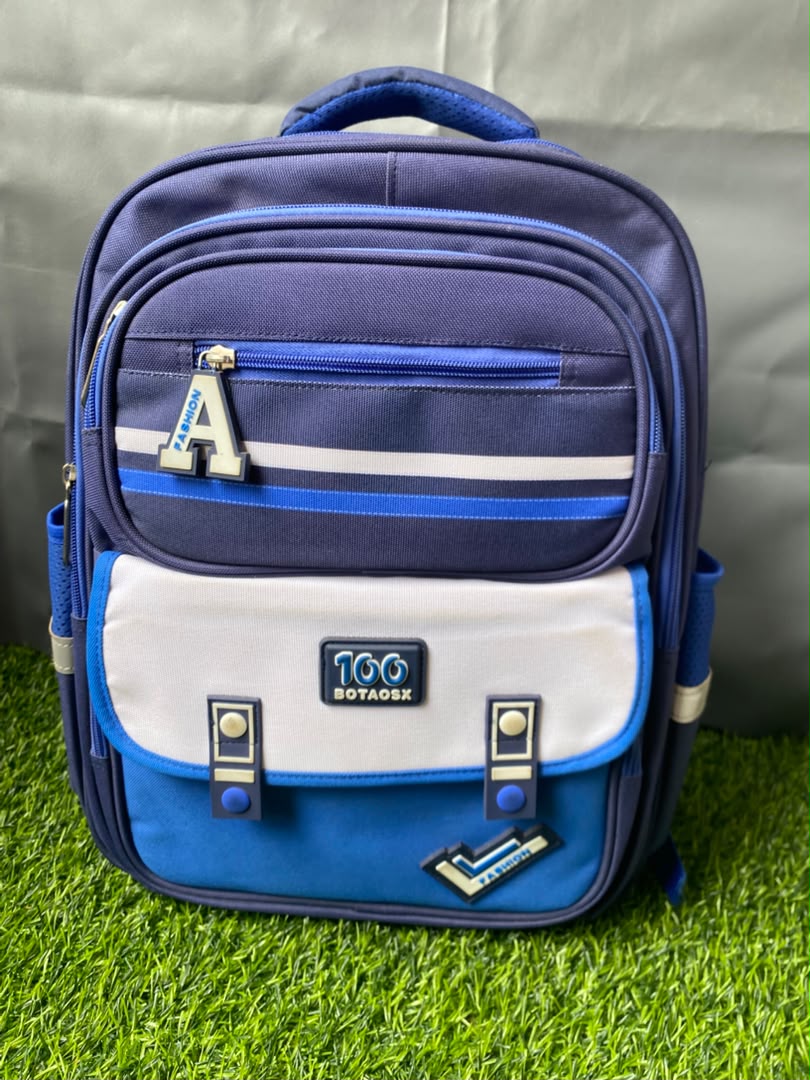 blue and white school backpack