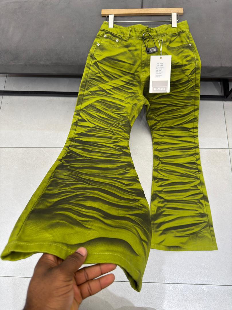 Olive green ruched flare jeans - flat lay view