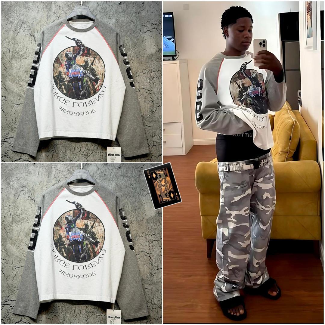 White and grey raglan graphic long-sleeve tee - product and styled shots