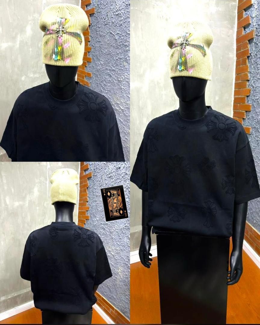 Chrome Hearts allover cross embroidered tee - grey styled on mannequin with beanie, front and back view