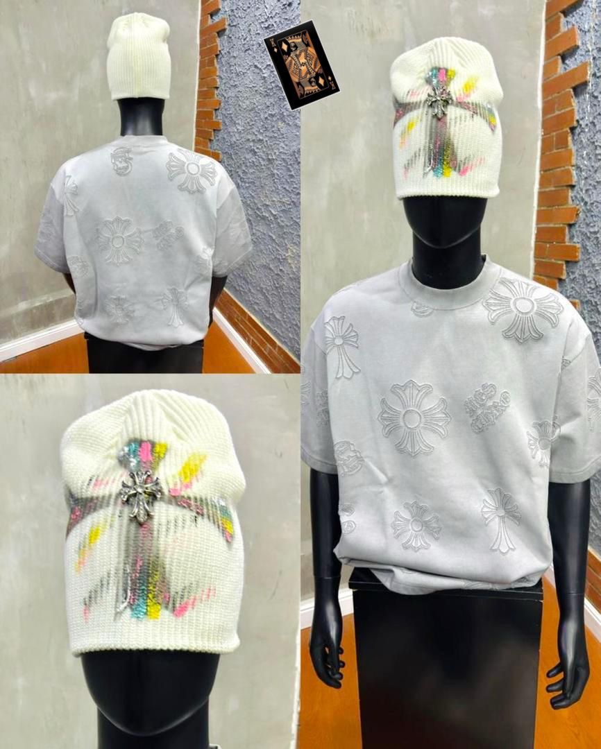 Chrome Hearts allover cross embroidered tee - grey hanger shot on stone wall