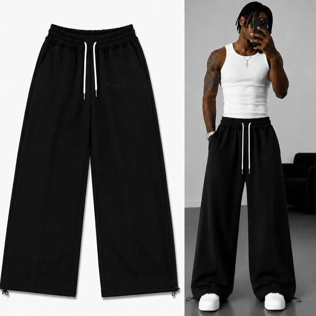 Saint Dave wide-leg sweatpants - black product shot and styled on model