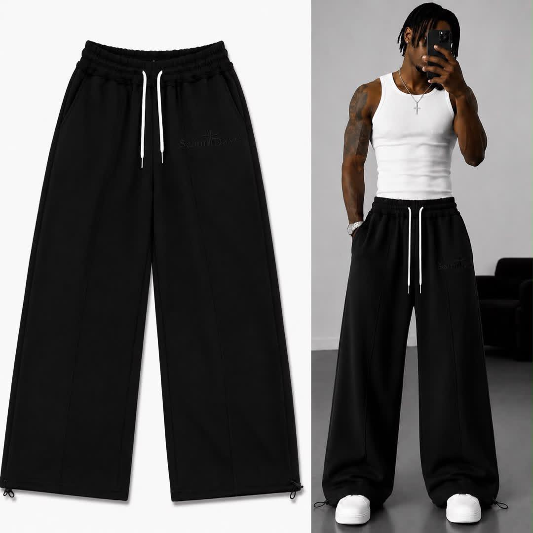 Saint Dave wide-leg sweatpants - black product shot and styled on model