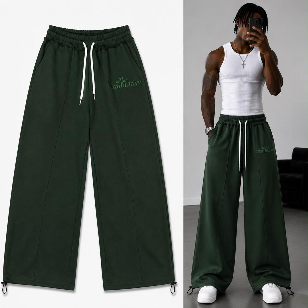 Saint Dave wide-leg sweatpants - dark green product shot and styled on model