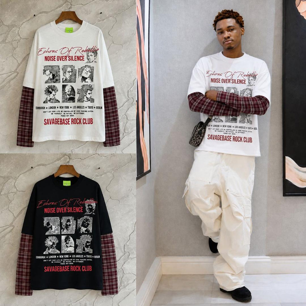 Savagebase Rock Club Echoes of Rebellion tee - white hanger and black hanger shots