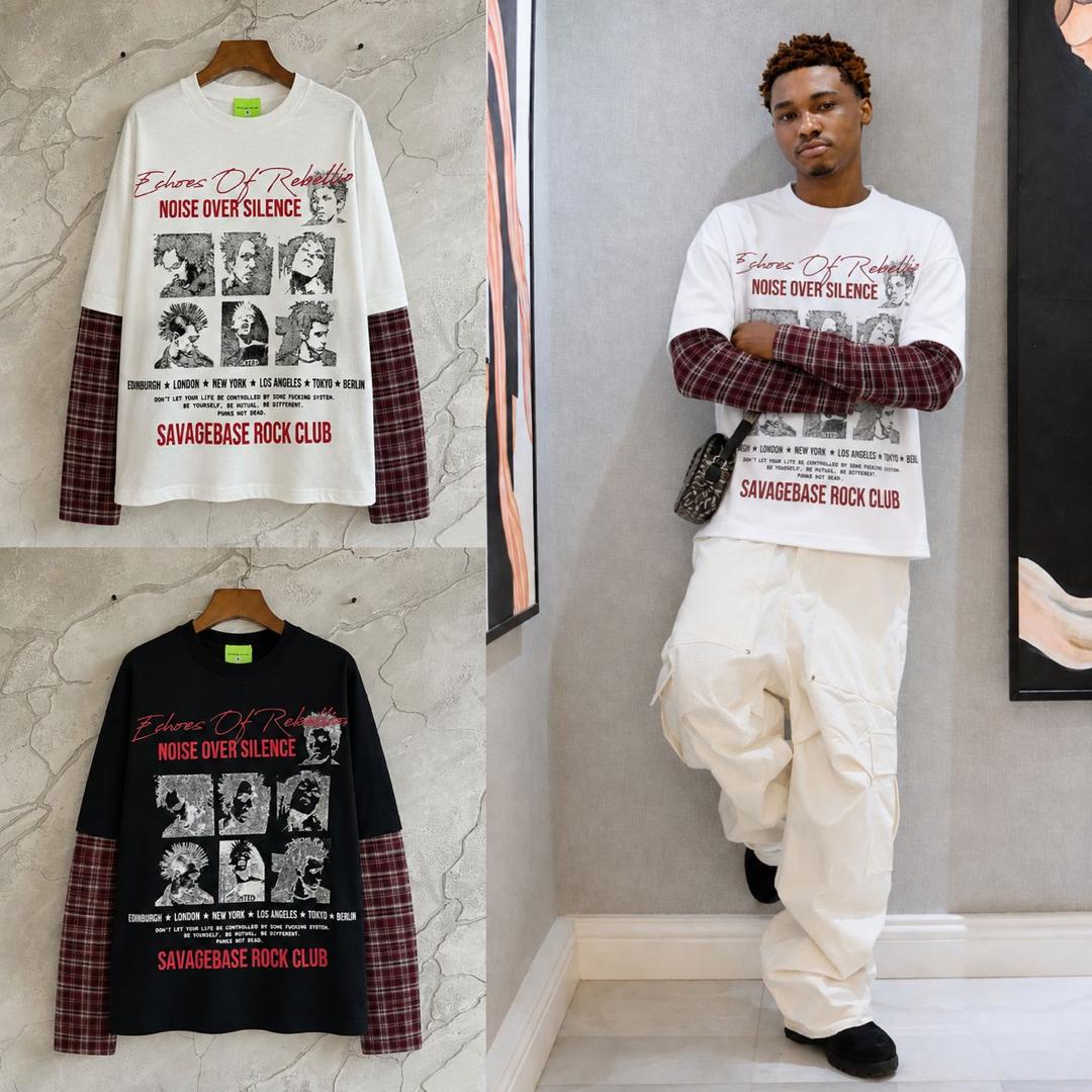 Savagebase Rock Club Echoes of Rebellion tee - white hanger and black hanger shots
