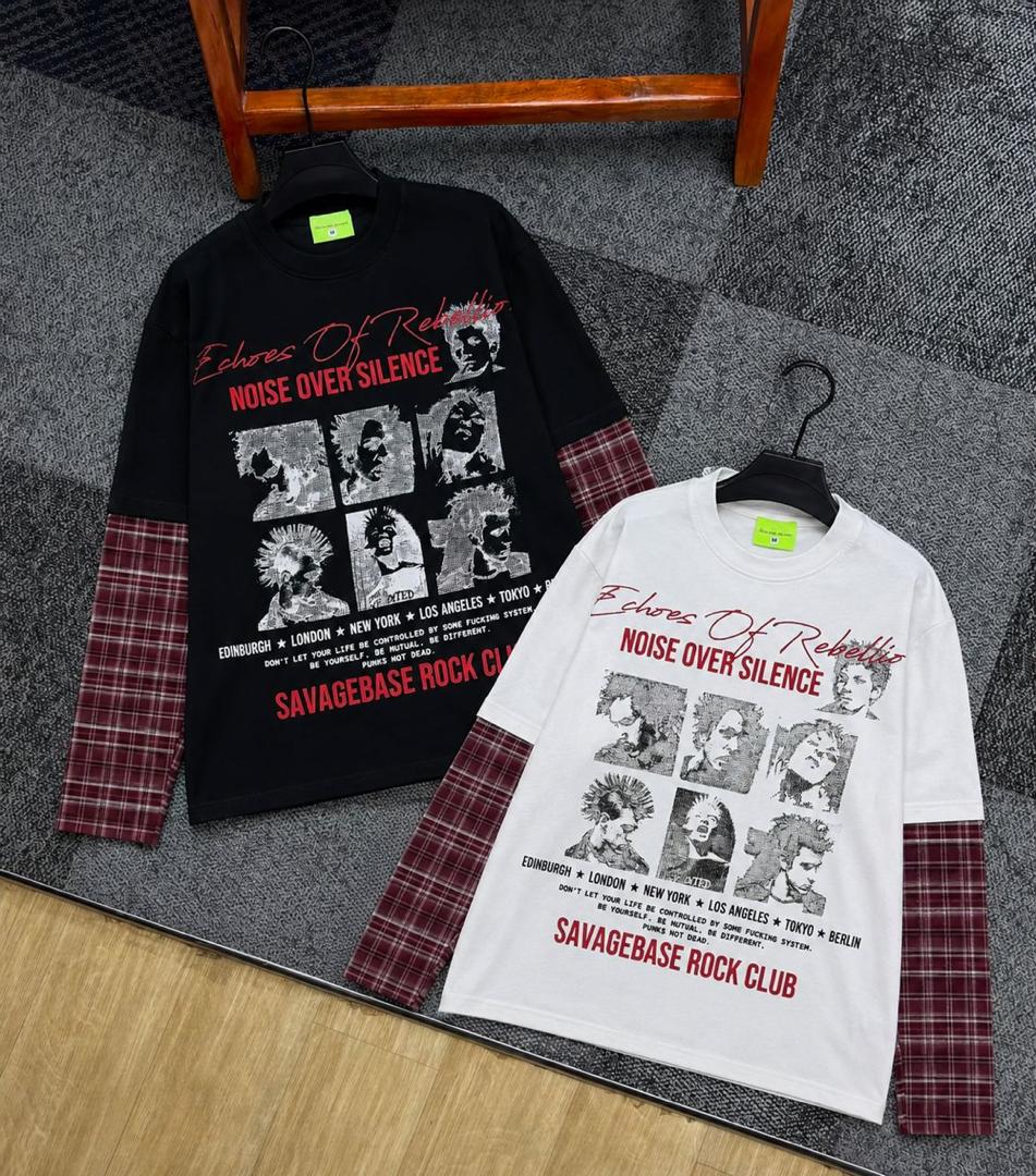 Savagebase Rock Club Echoes of Rebellion tee - white styled on model and flat lay