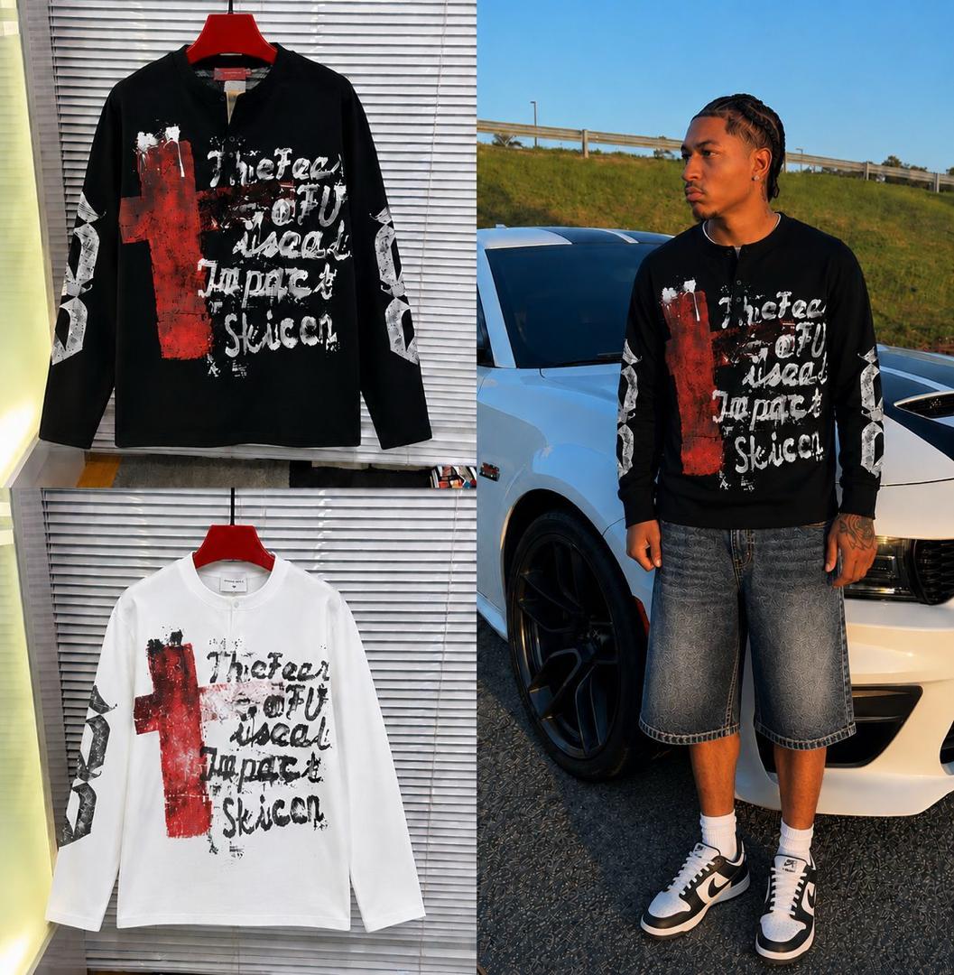TheFear cross graphic long-sleeve tee - black and white hanger shots and styled on model