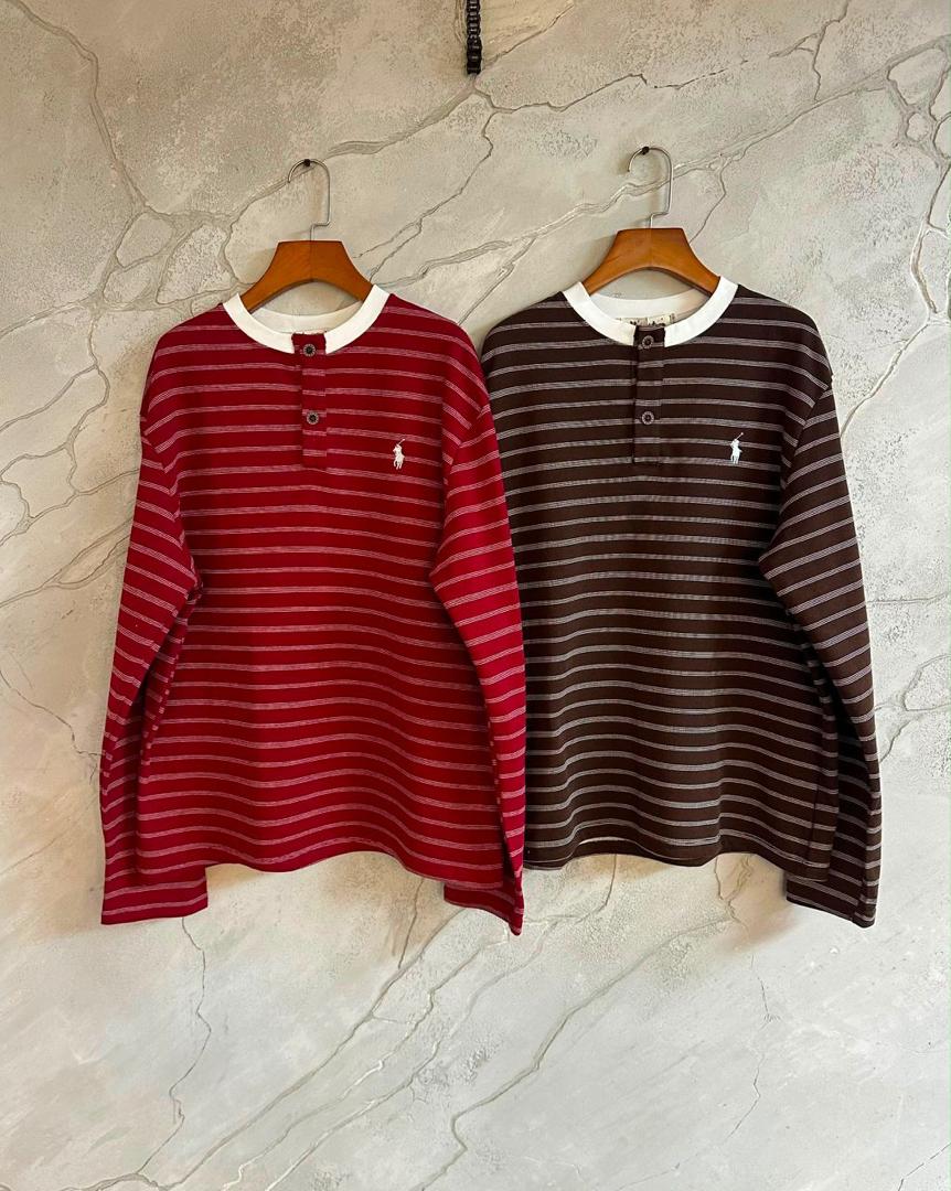 Polo striped Henley long-sleeve tee - red and brown on hangers