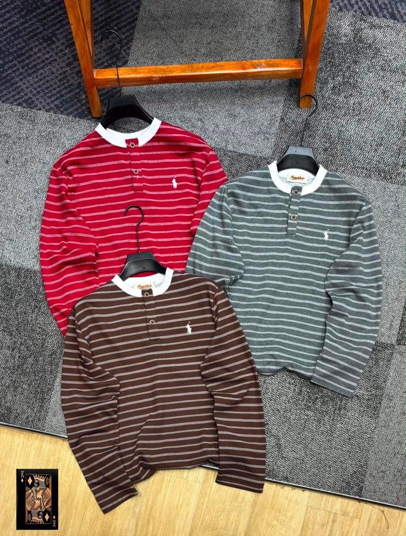 Polo striped Henley tee - red, brown and grey group shot