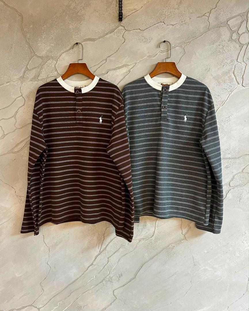 Polo striped Henley tee - brown and grey on hangers