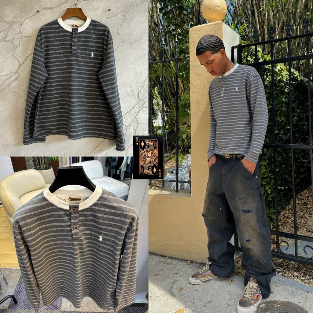 Polo striped Henley tee - grey hanger shot and styled on model