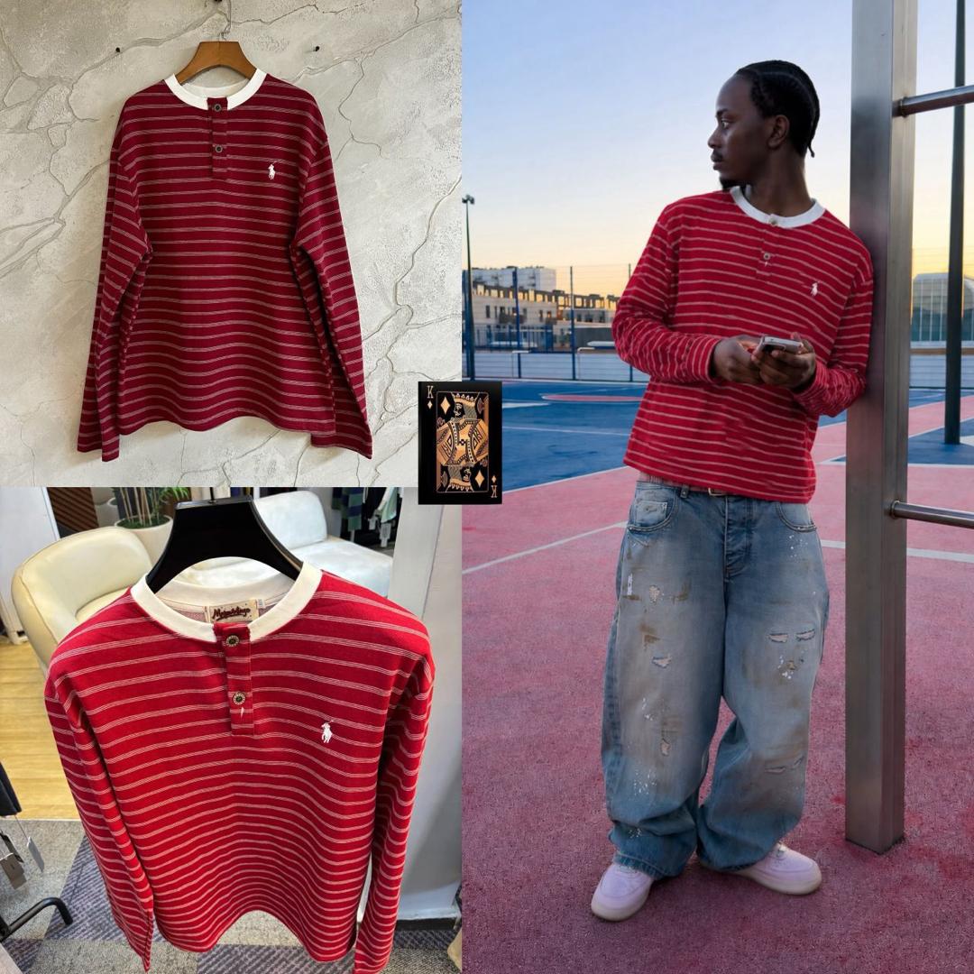 Polo striped Henley tee - red hanger shot and styled on model