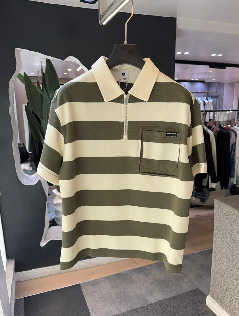 Striped Half-Zip Polo - Olive/Cream