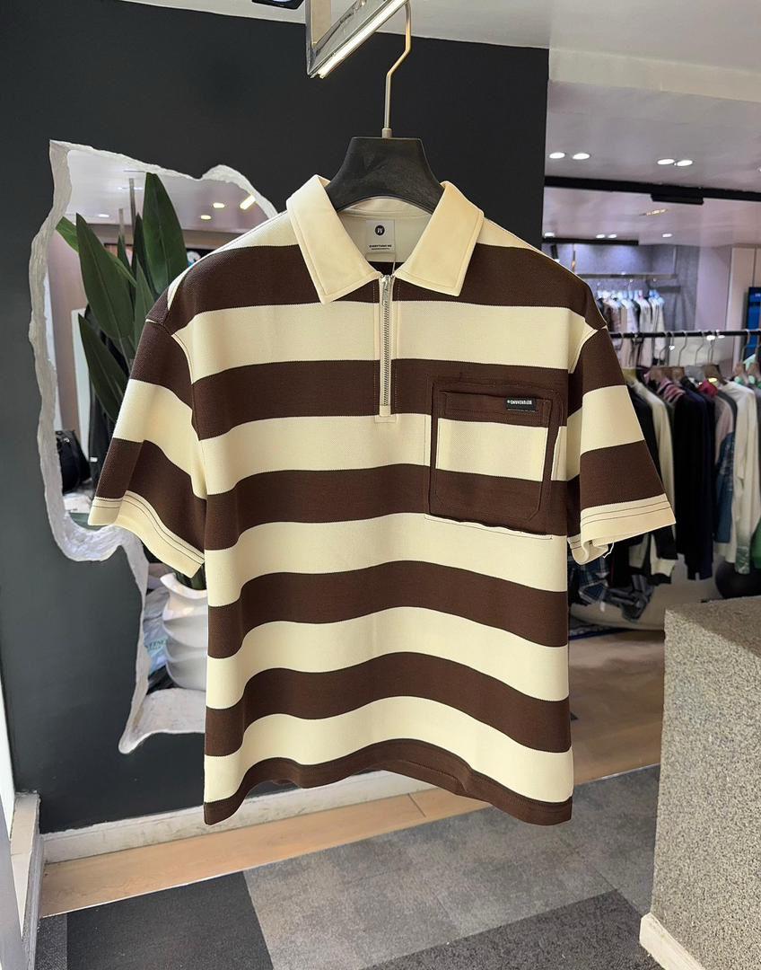 Striped Half-Zip Polo - Brown/Cream
