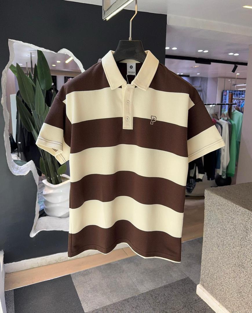 Striped Button Polo - Brown/Cream