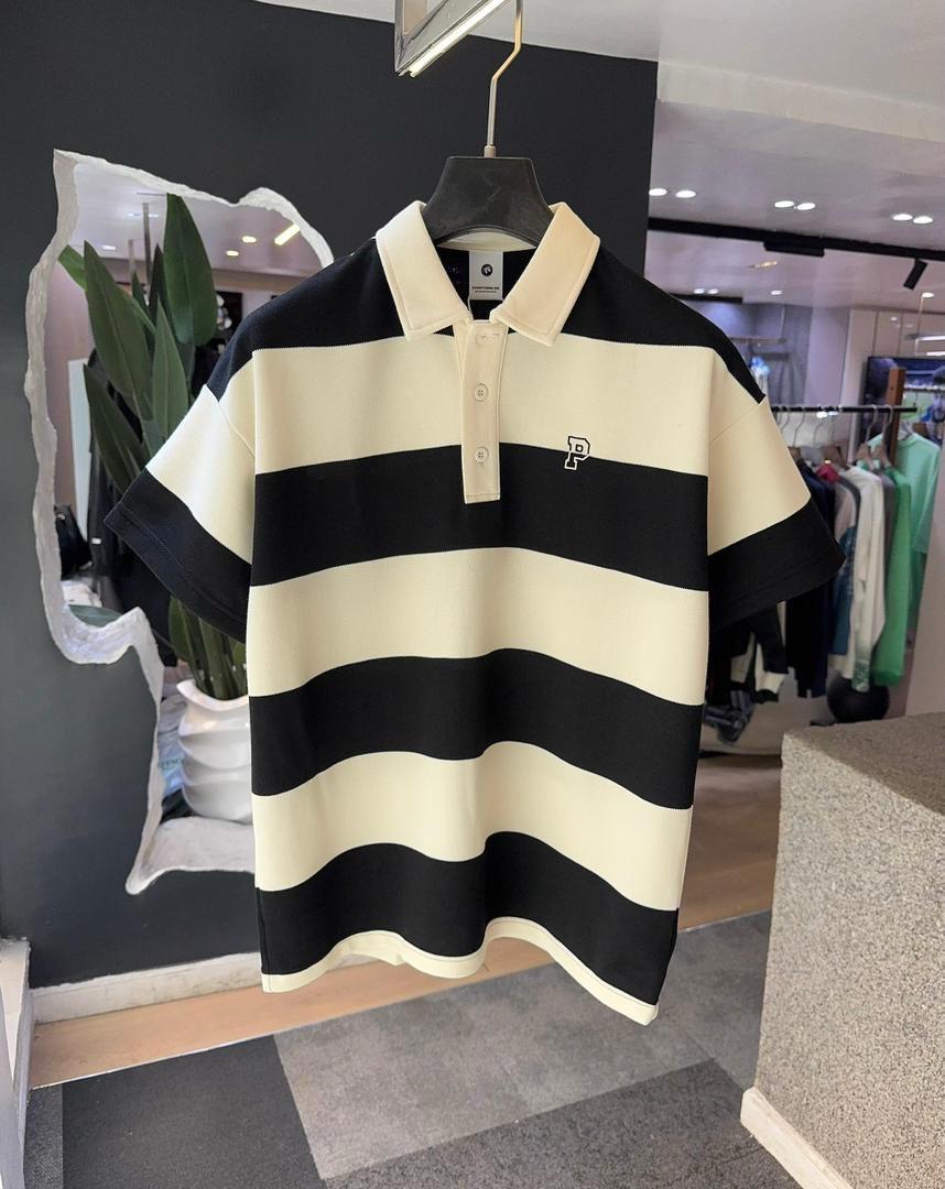 Striped Button Polo - Black/Cream