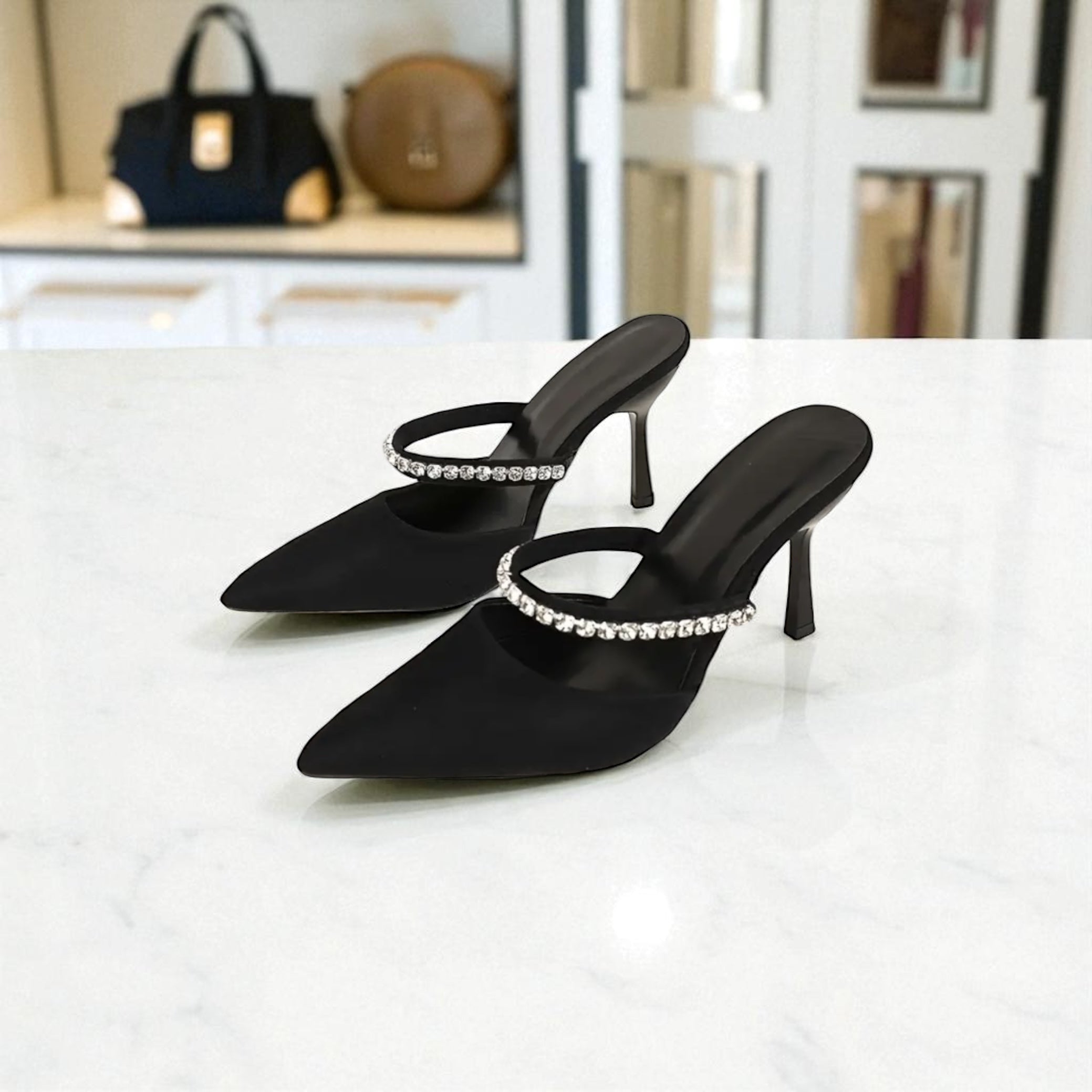 Black crystal high-heeled shoes