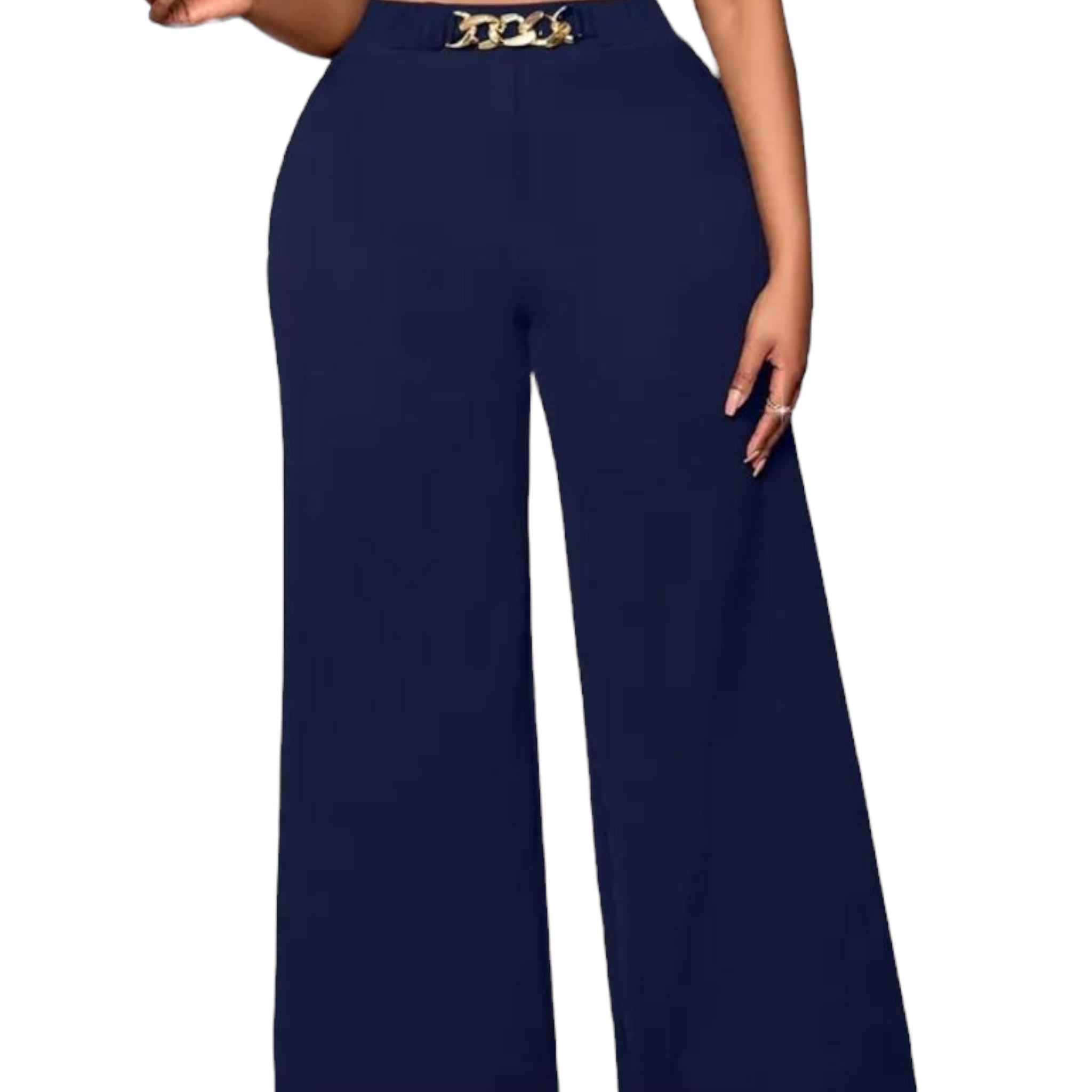 Navy blue wide-leg pants with a gold belt