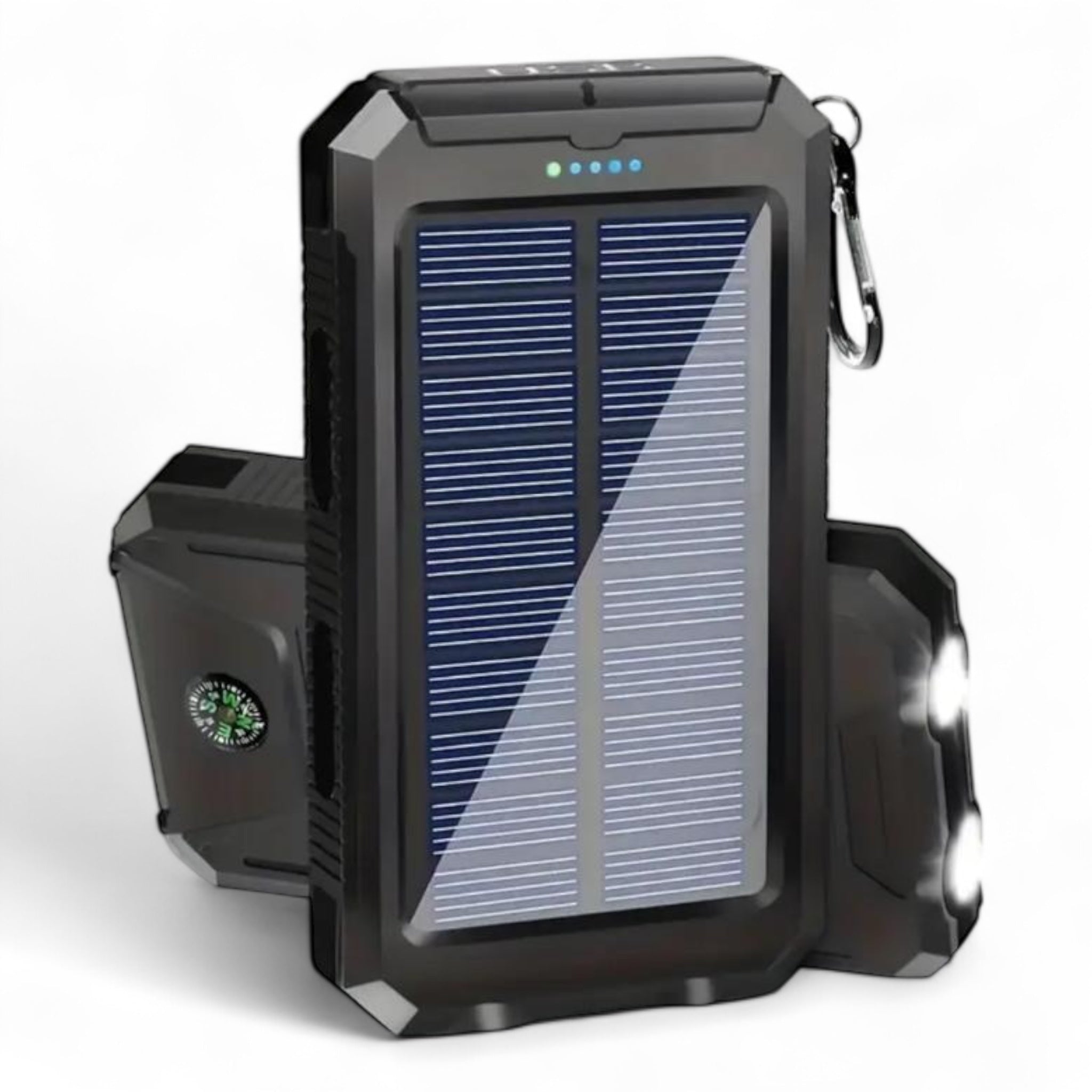 Black solar-powered 20,000 mAh with compass and flashlight