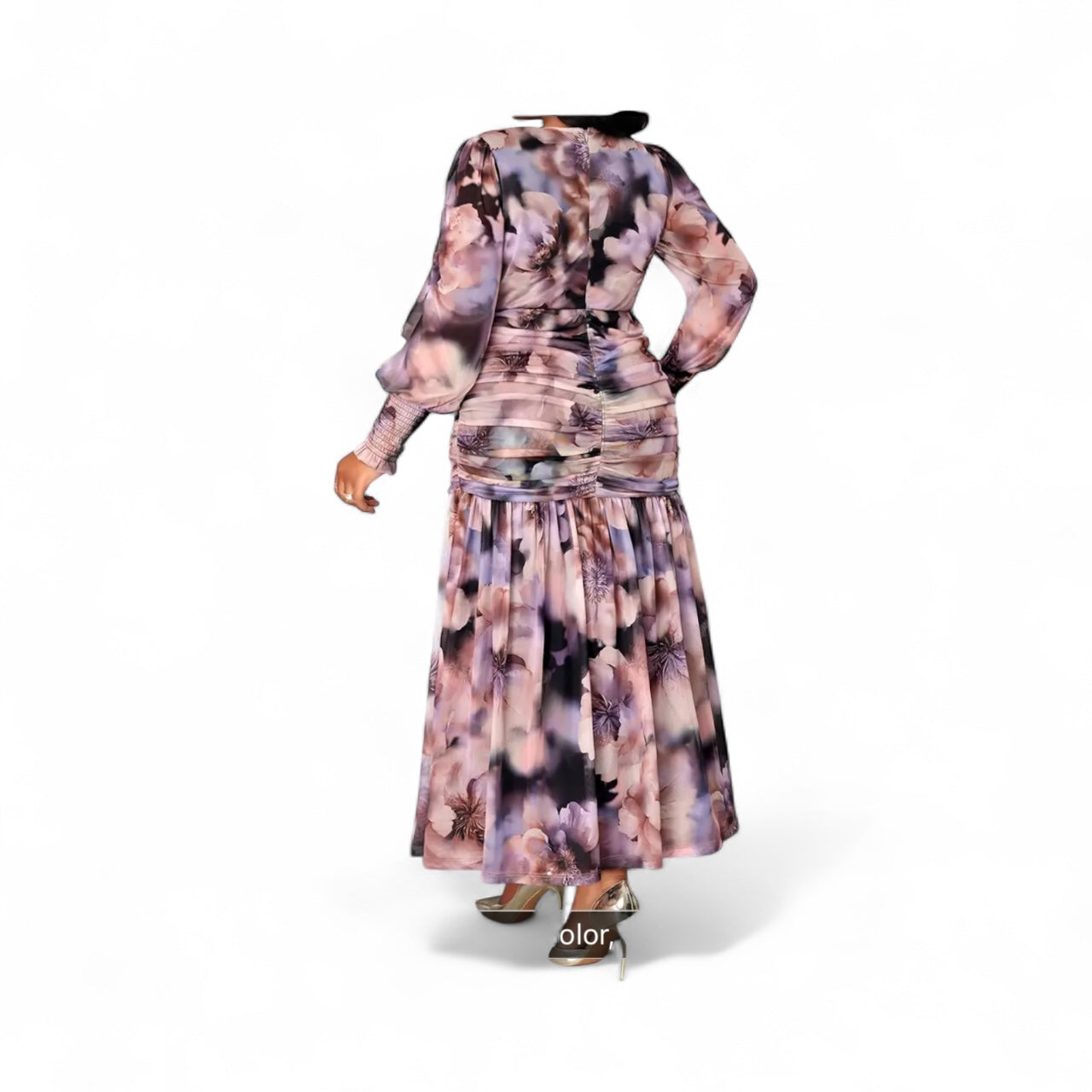 Long-sleeve floral pattern long dress, ruched