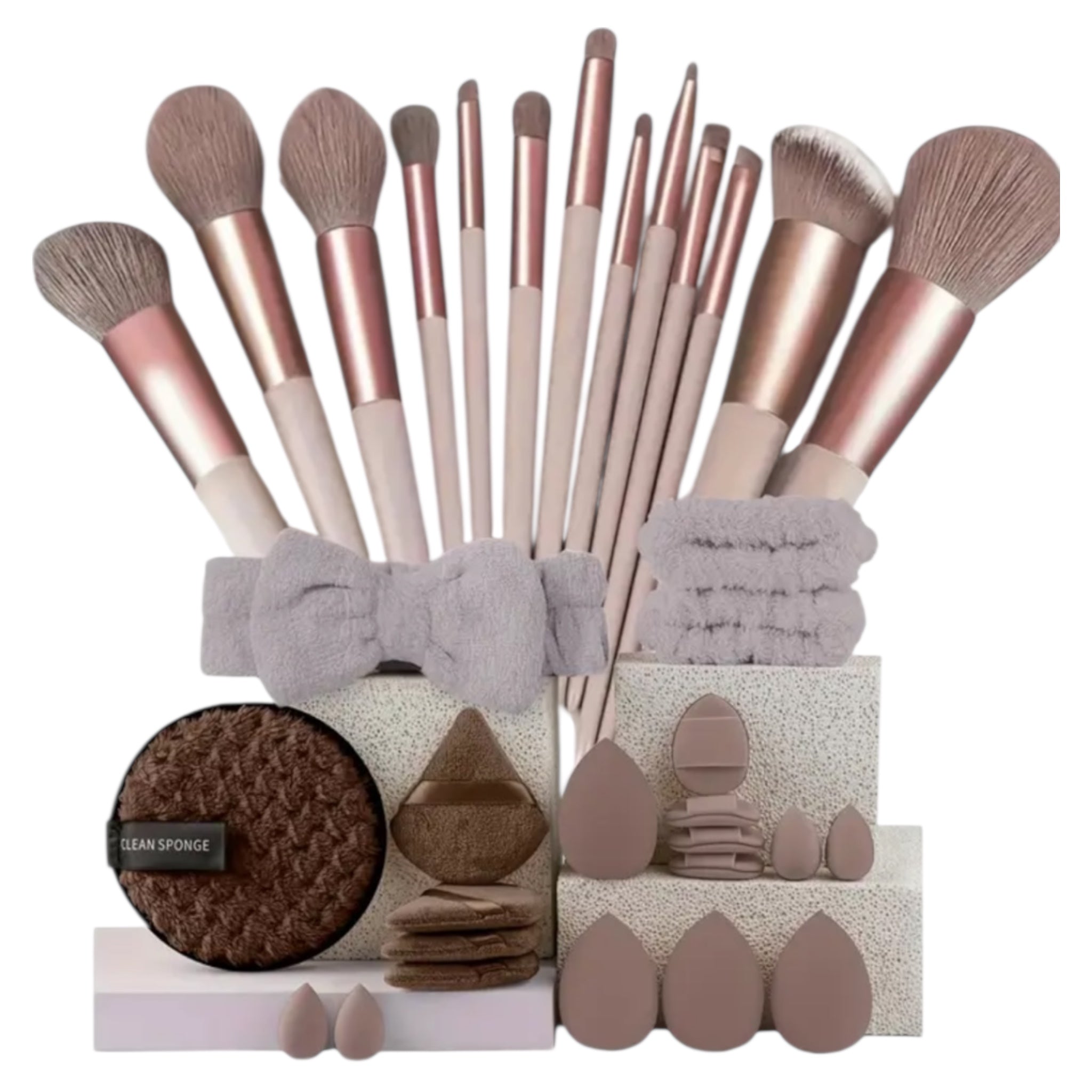 Set of makeup brushes and accessories, hair band, wrist bands, foundation brushes