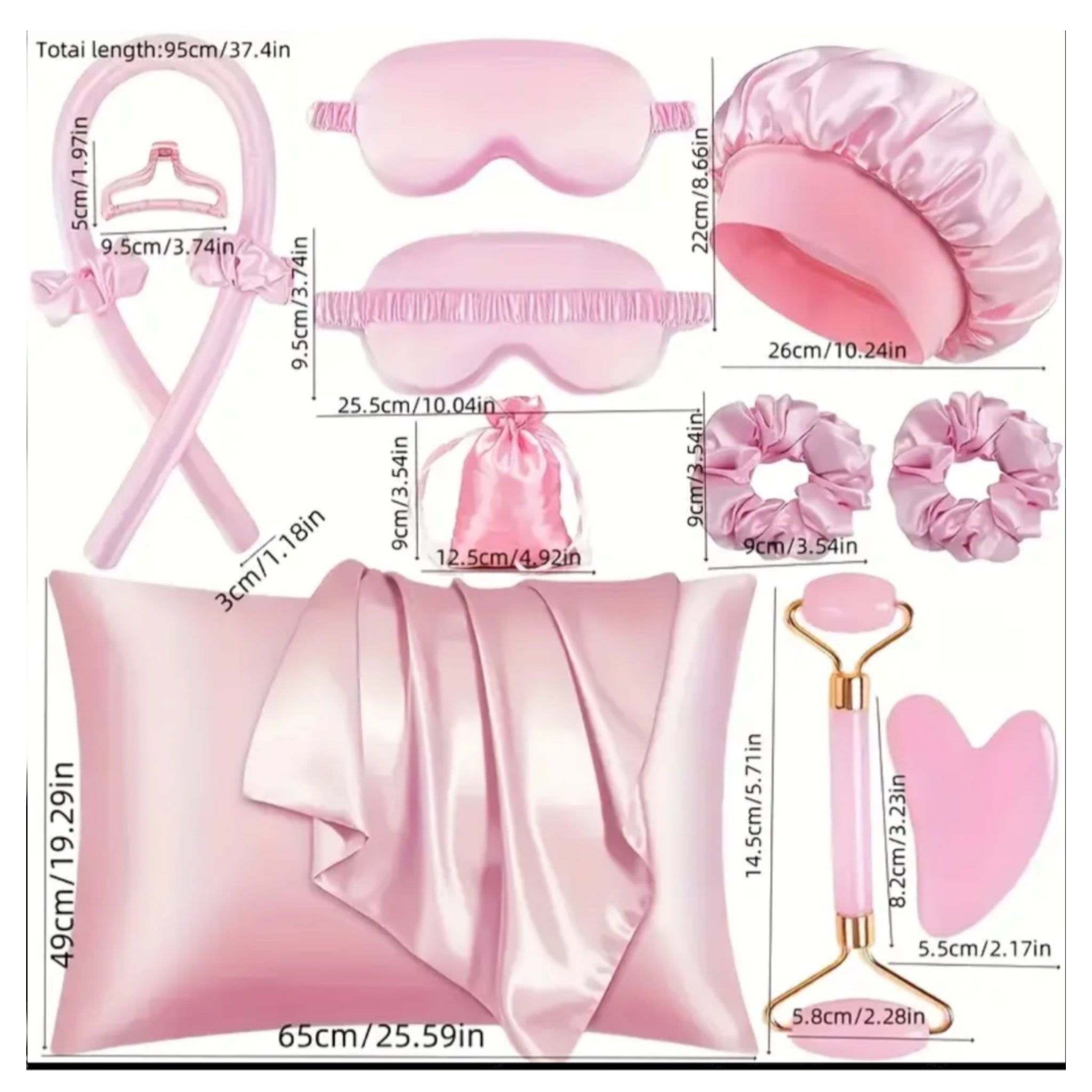 12pcs Beauty and self-care set, hairbrush, eye masks, scrunchies, satin pilows, gua sha