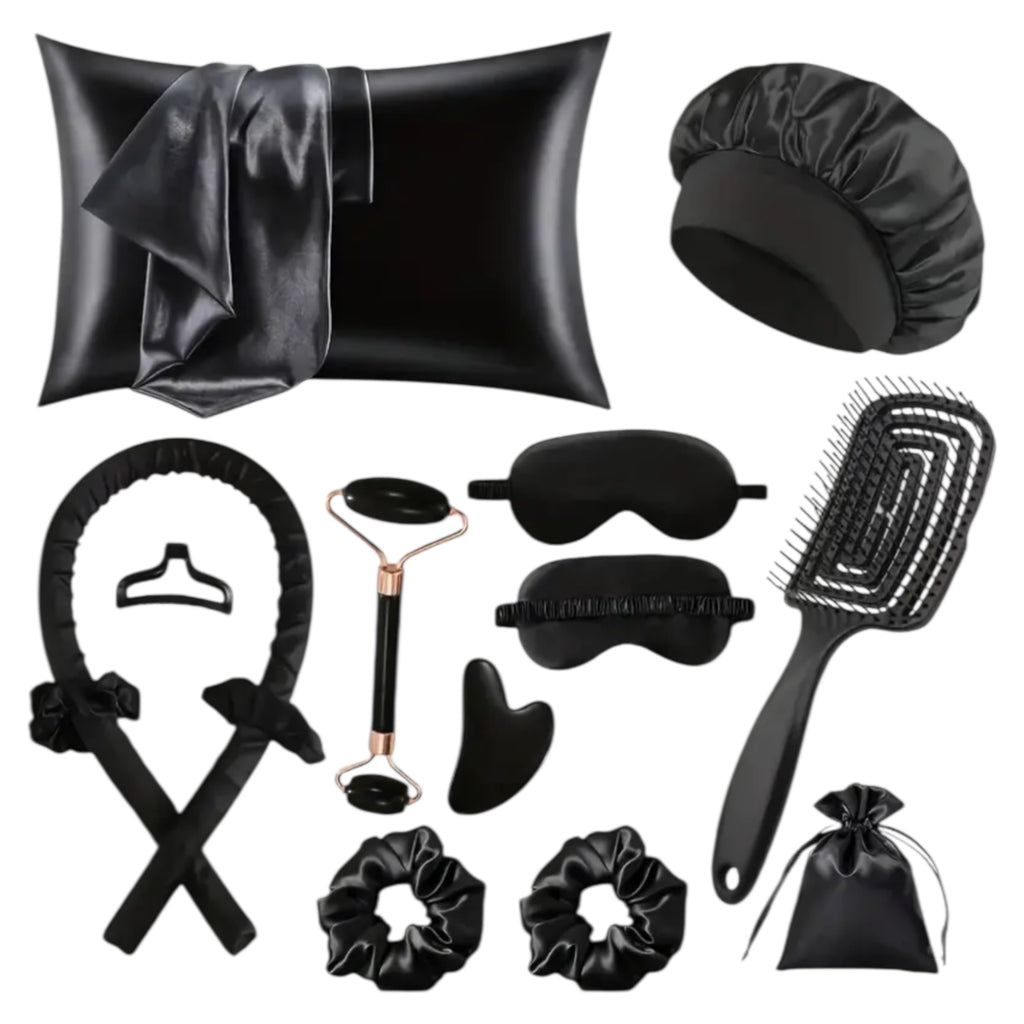 12pcs Beauty and self-care set, hairbrush, eye masks, scrunchies, satin pilows, gua sha