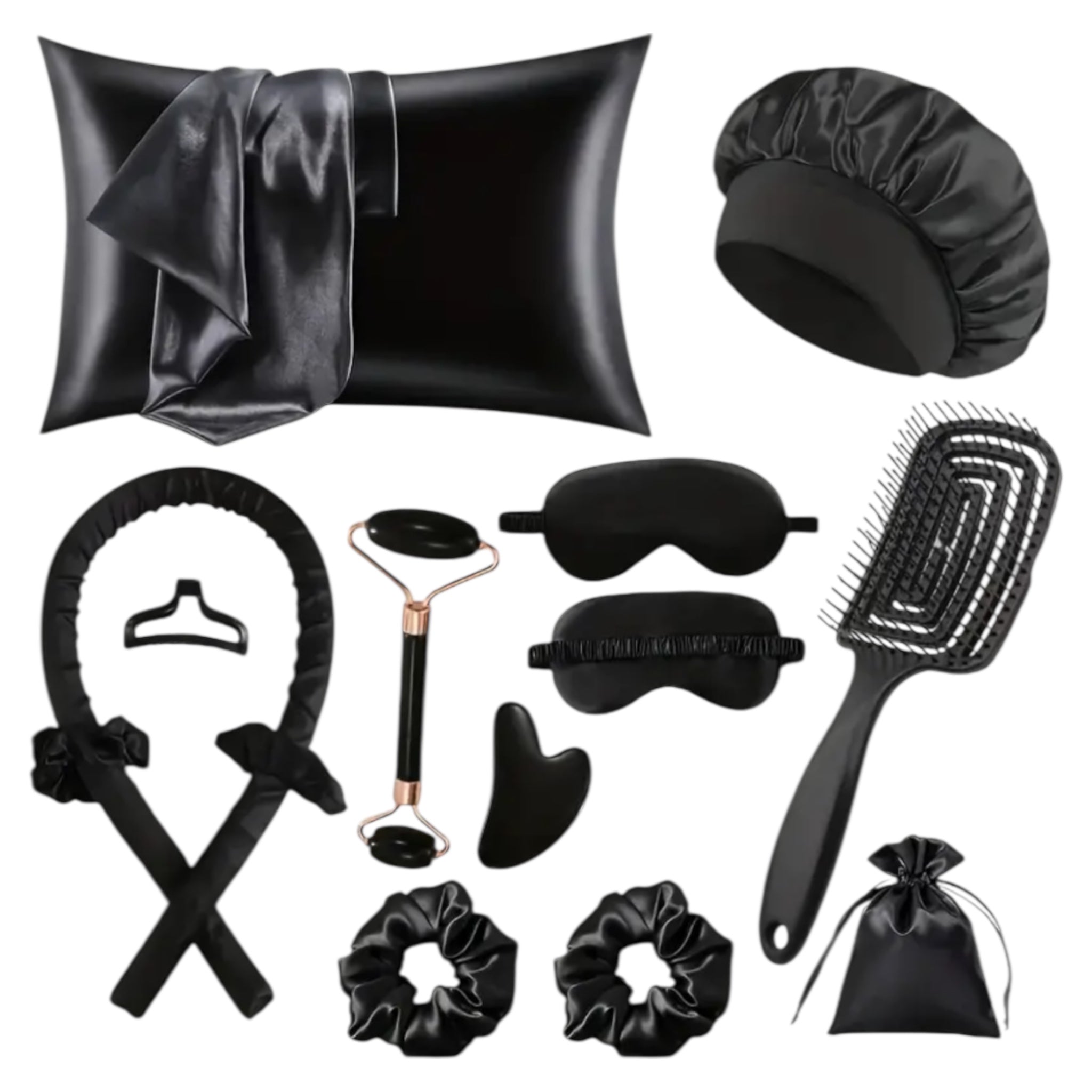 12pcs Beauty and self-care set, hairbrush, eye masks, scrunchies, satin pilows, gua sha