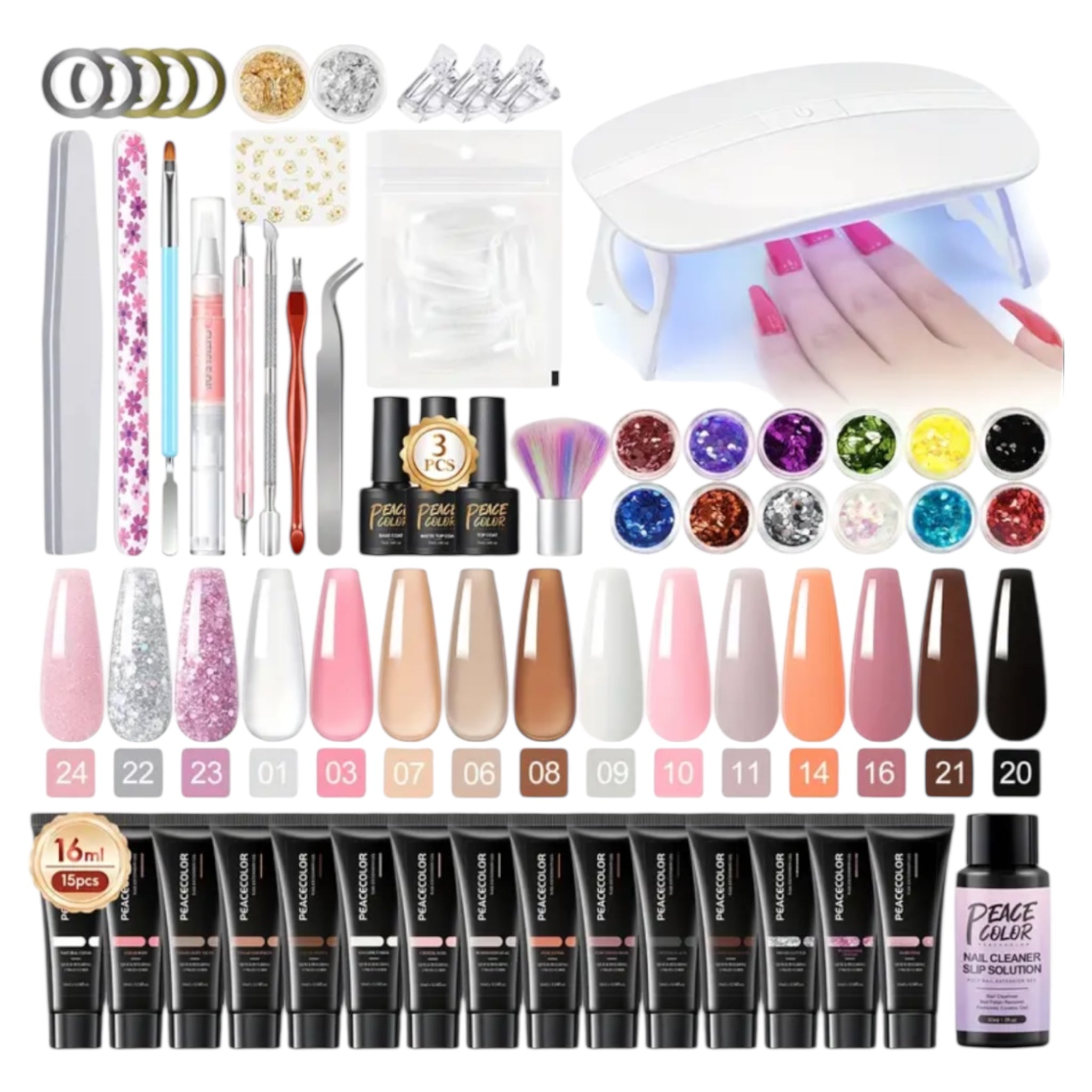 DIY Nail art kit, 16 colors, uv lamp, nail tools, stickers