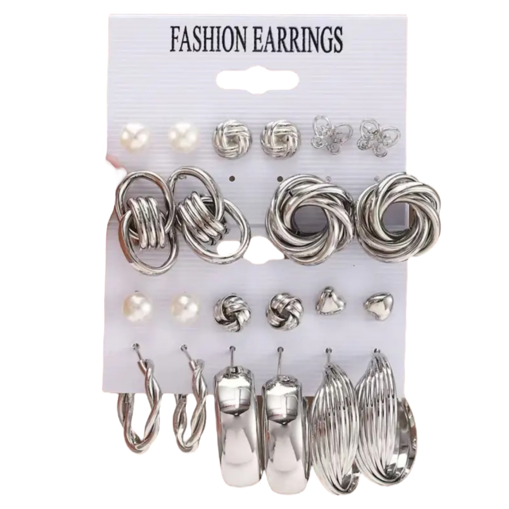 Assorted 22pcs silver earrings, studs, hoops, chunky, slim, pearls