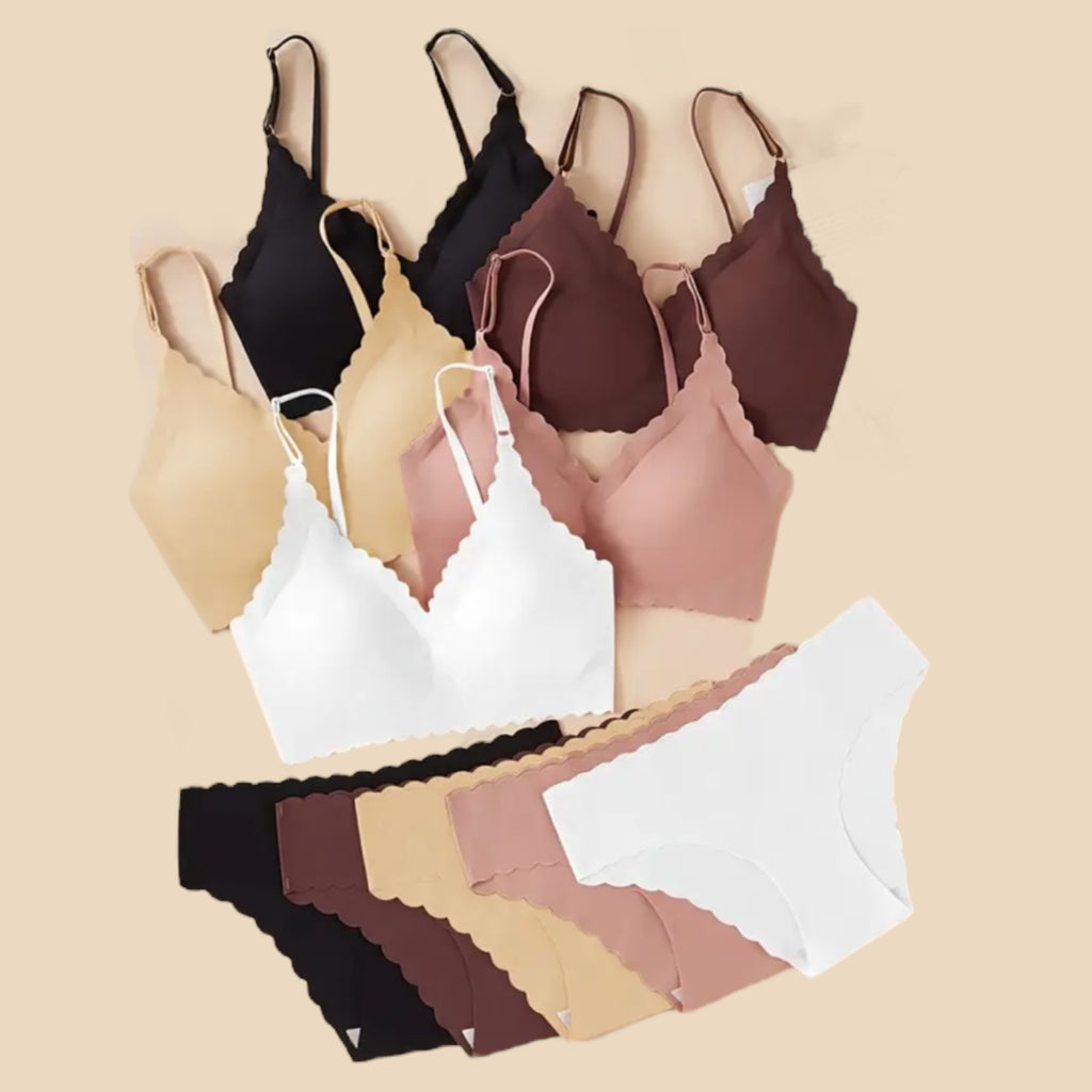 10pcs Women's Seamless Scalloped Bra and Panty Set, Sexy, Comfortable, Removable Pads, Set, Strapless Bra Set, Comfortable Fit